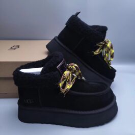 UGG sheep fur integrated snow boots UGG3954 thick soled lace up height increasing women's shoes secretly grow 8 ???? black 35-40