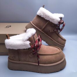 UGG sheep fur integrated snow boots UGG3954 thick soled lace up height increasing women's shoes secretly grow 8 ???? chestnut 35-40