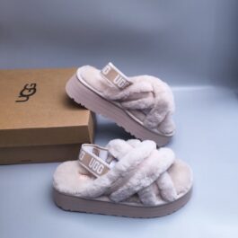 UGG sheepskin and fur slippers 1550 apricot platform thick bottom cross fur slippers in stock 35-41 sizes
