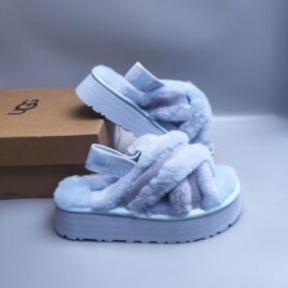 UGG sheepskin and fur slippers 1550 light blue platform thick bottom cross fur slippers in stock 35-41 sizes